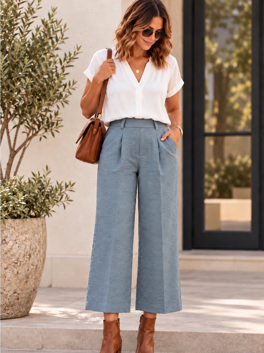 Wide Leg Cropped Pants in Grey Blue Size Medium